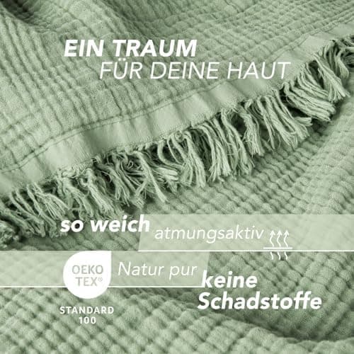 Oeko-Tex zertifizierte Musselin Tagesdecke 220x240cm Hellblau | Couch- & Sofadecke XXL | Baumwolle Qualität