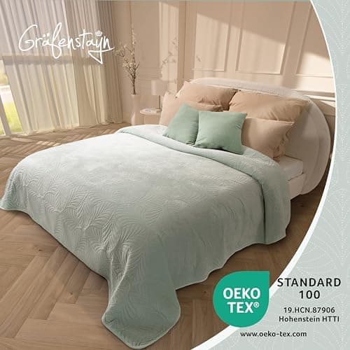Gräfenstayn Premium Tagesdecke Anthrazit - weich, knitterfrei & pflegeleicht - Nahtlose Steppung & Blatt-Design - Bett &