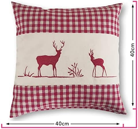 OekoTex Zierkissen 40x40 - Landhaus-Stil Dekokissen mit Reißverschluss, Herzrot karieret, Heller Hintergrund, OEKO-TEX S