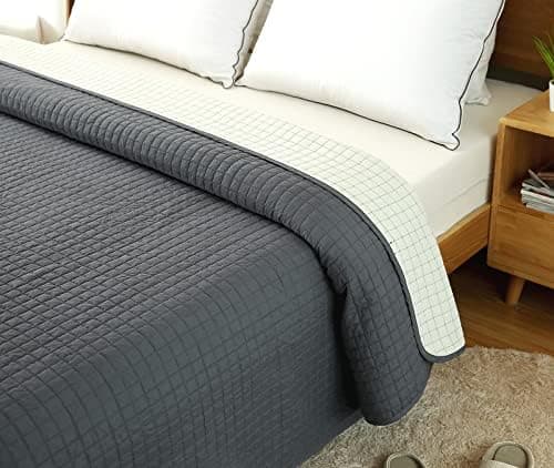 WOLTU Tagesdecke Steppdecke Doppelbett Dunkelgrau-Crème 170x210 cm 360GSM Global Recycled Standard Kariert