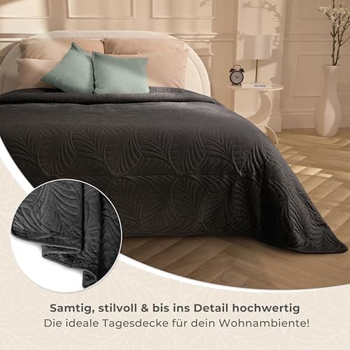 Gräfenstayn Premium Tagesdecke Anthrazit - weich, knitterfrei & pflegeleicht - Nahtlose Steppung & Blatt-Design - Bett &