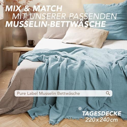 Oeko-Tex zertifizierte Musselin Tagesdecke 220x240cm Hellblau | Couch- & Sofadecke XXL | Baumwolle Qualität