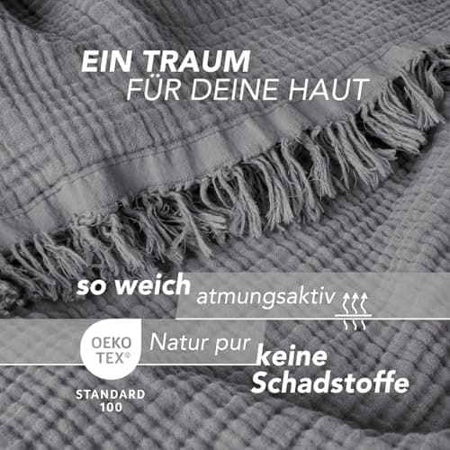 Oeko-Tex zertifizierte Musselin Tagesdecke 220x240cm Hellblau | Couch- & Sofadecke XXL | Baumwolle Qualität
