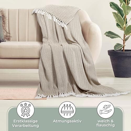 Gräfenstayn Premium Baumwolltagesdecke Creme - 100% Baumwolle - Sommerdecke - Fischgrätenmuster - Bett- und Couch-Überwu