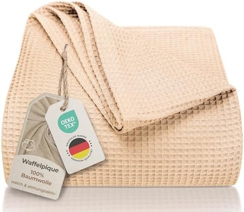 LAYNENBURG Premium Sommerdecke 150 x 200 cm - Waffelpique 100% Baumwolle - Creme OEKO-TEX STANDARD 100