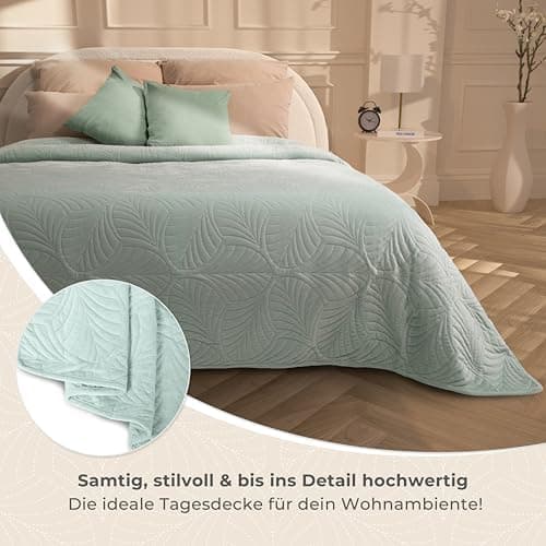 Gräfenstayn Premium Tagesdecke Anthrazit - weich, knitterfrei & pflegeleicht - Nahtlose Steppung & Blatt-Design - Bett &