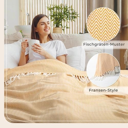 Gräfenstayn Premium Baumwolltagesdecke Creme - 100% Baumwolle - Sommerdecke - Fischgrätenmuster - Bett- und Couch-Überwu