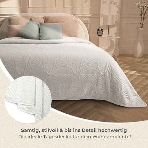 Gräfenstayn Premium Tagesdecke Anthrazit - weich, knitterfrei & pflegeleicht - Nahtlose Steppung & Blatt-Design - Bett &