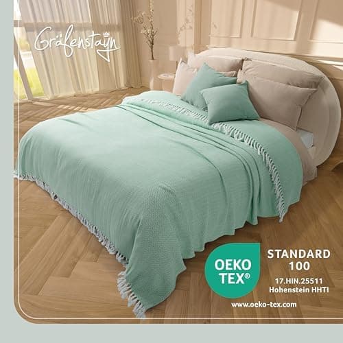 Gräfenstayn Premium Baumwolltagesdecke Creme - 100% Baumwolle - Sommerdecke - Fischgrätenmuster - Bett- und Couch-Überwu