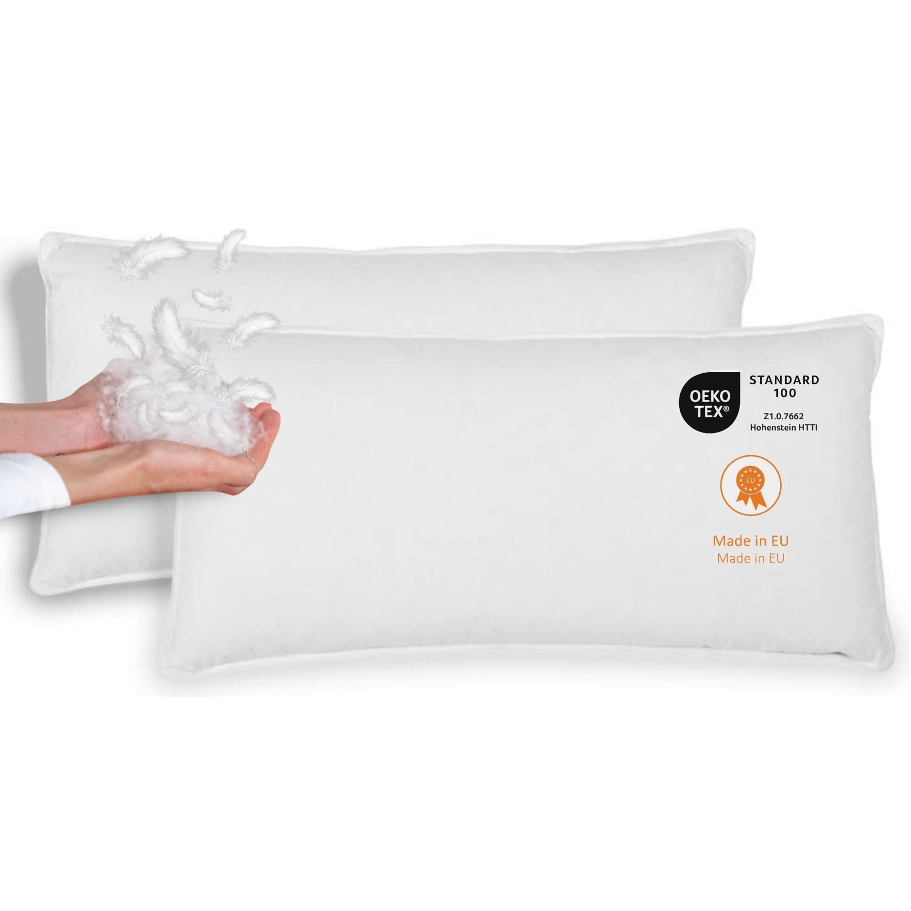 Schlafender 2er Set Daunenkissen Federkissen 40x80 cm, Kopfkissen, 100% Daunen & Federn, waschbar, Baumwollbezug, EU-Man