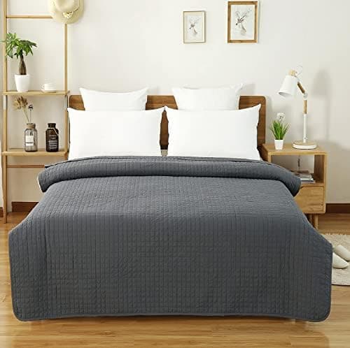 WOLTU Tagesdecke Steppdecke Doppelbett Dunkelgrau-Crème 170x210 cm 360GSM Global Recycled Standard Kariert