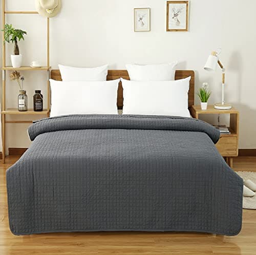 WOLTU Tagesdecke Steppdecke Doppelbett Dunkelgrau-Crème 170x210 cm 360GSM Global Recycled Standard Kariert