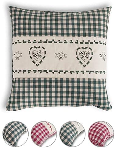 OekoTex Zierkissen 40x40 - Landhaus-Stil Dekokissen mit Reißverschluss, Herzrot karieret, Heller Hintergrund, OEKO-TEX S