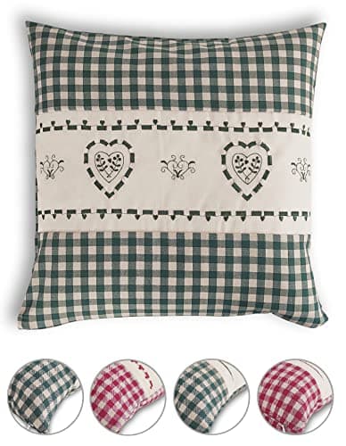 OekoTex Zierkissen 40x40 - Landhaus-Stil Dekokissen mit Reißverschluss, Herzrot karieret, Heller Hintergrund, OEKO-TEX S