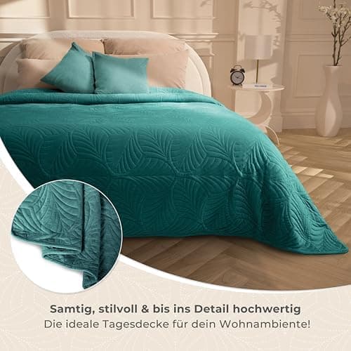 Gräfenstayn Premium Tagesdecke Anthrazit - weich, knitterfrei & pflegeleicht - Nahtlose Steppung & Blatt-Design - Bett &