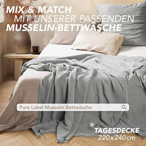 Oeko-Tex zertifizierte Musselin Tagesdecke 220x240cm Hellblau | Couch- & Sofadecke XXL | Baumwolle Qualität