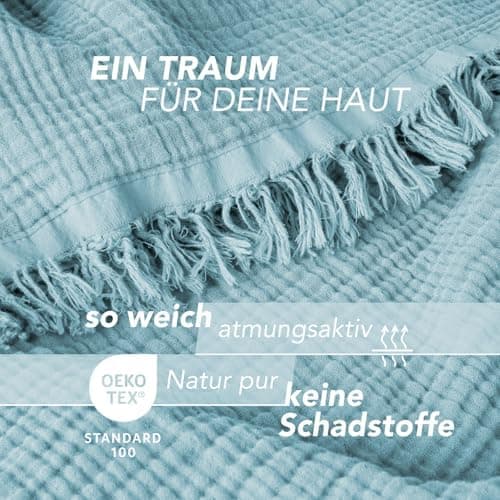 Oeko-Tex zertifizierte Musselin Tagesdecke 220x240cm Hellblau | Couch- & Sofadecke XXL | Baumwolle Qualität