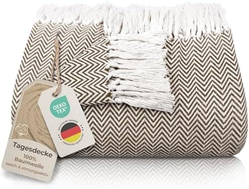 Gräfenstayn Premium Baumwolltagesdecke Creme - 100% Baumwolle - Sommerdecke - Fischgrätenmuster - Bett- und Couch-Überwu