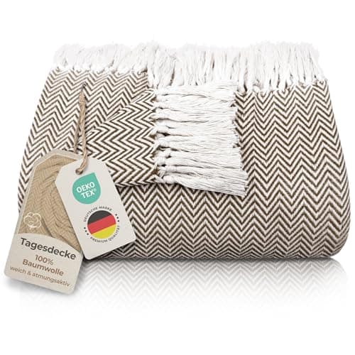 Gräfenstayn Premium Baumwolltagesdecke Creme - 100% Baumwolle - Sommerdecke - Fischgrätenmuster - Bett- und Couch-Überwu