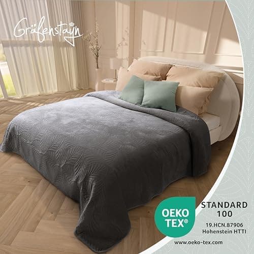 Gräfenstayn Premium Tagesdecke Anthrazit - weich, knitterfrei & pflegeleicht - Nahtlose Steppung & Blatt-Design - Bett &