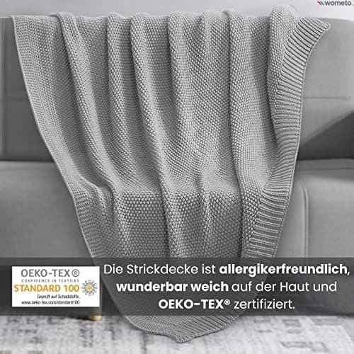Wometo Kuscheldecke Strick warme weiche Strickmuster grau 140x190 OEKO-TEX