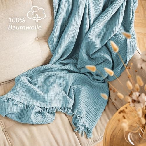 Oeko-Tex zertifizierte Musselin Tagesdecke 220x240cm Hellblau | Couch- & Sofadecke XXL | Baumwolle Qualität