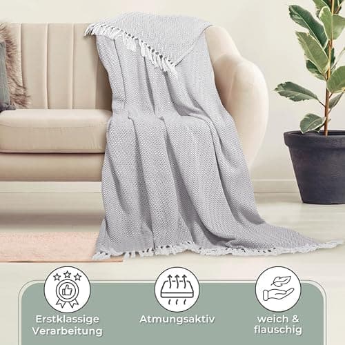 Gräfenstayn Premium Baumwolltagesdecke Creme - 100% Baumwolle - Sommerdecke - Fischgrätenmuster - Bett- und Couch-Überwu