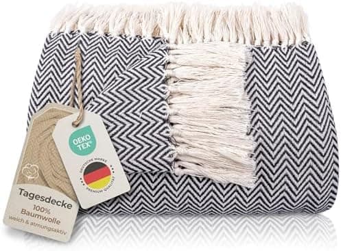 Gräfenstayn Premium Baumwolltagesdecke Creme - 100% Baumwolle - Sommerdecke - Fischgrätenmuster - Bett- und Couch-Überwu