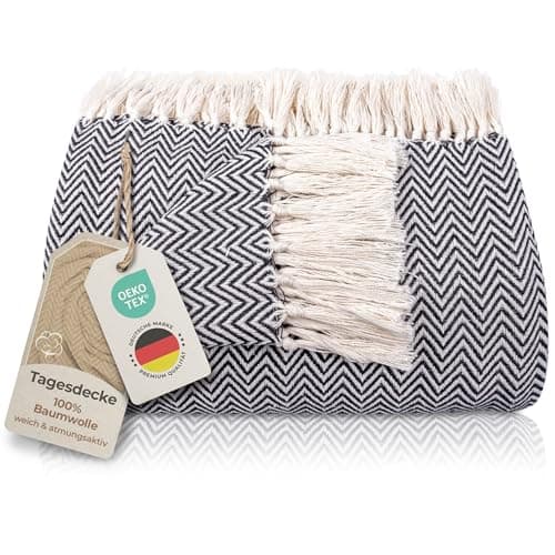 Gräfenstayn Premium Baumwolltagesdecke Creme - 100% Baumwolle - Sommerdecke - Fischgrätenmuster - Bett- und Couch-Überwu