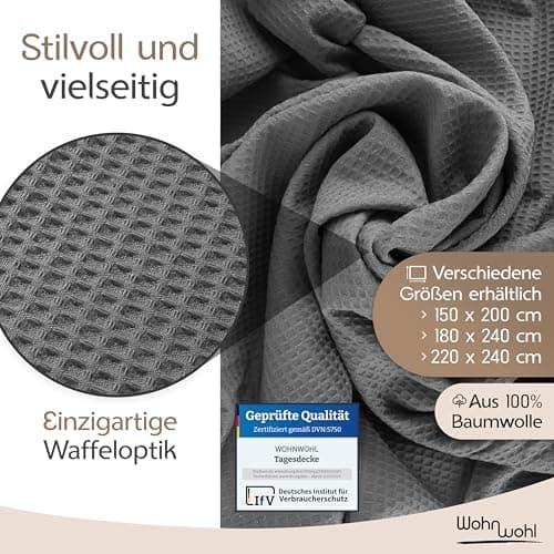 Tagesdecke Grau 100% Baumwolle Pflegeleicht Sommerdecke