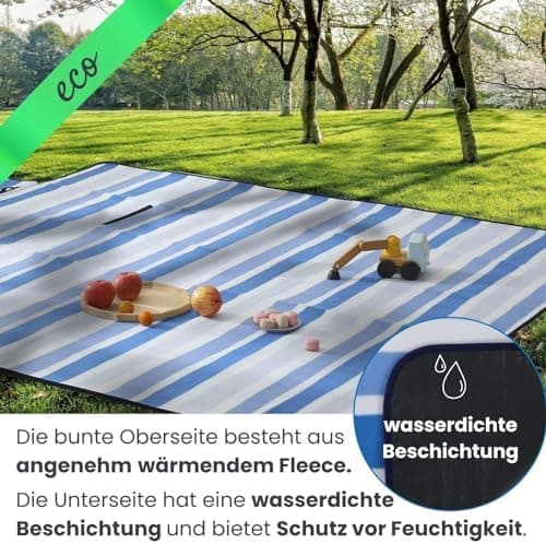 Eco-Line Nachhaltige Wasserdichte Picknickdecke XXL 100% Recycltes Fleece Outdoor-isoliert Streifen Blau HellblauGrün Wa