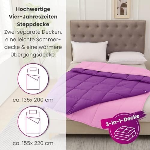 Wometo 4-Jahreszeiten Steppbett 135x200 cm - lila & pink - 2 Bettdecken, 3-in-1, warme Winterdecke + leichte Sommerdecke