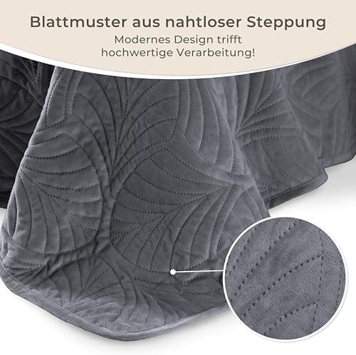 Gräfenstayn Premium Tagesdecke Anthrazit - weich, knitterfrei & pflegeleicht - Nahtlose Steppung & Blatt-Design - Bett &