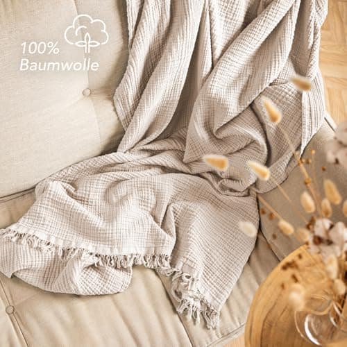 Oeko-Tex zertifizierte Musselin Tagesdecke 220x240cm Hellblau | Couch- & Sofadecke XXL | Baumwolle Qualität
