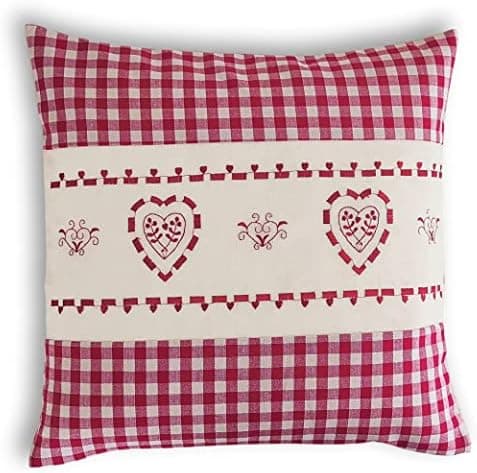 OekoTex Zierkissen 40x40 - Landhaus-Stil Dekokissen mit Reißverschluss, Herzrot karieret, Heller Hintergrund, OEKO-TEX S