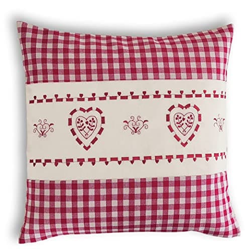 OekoTex Zierkissen 40x40 - Landhaus-Stil Dekokissen mit Reißverschluss, Herzrot karieret, Heller Hintergrund, OEKO-TEX S