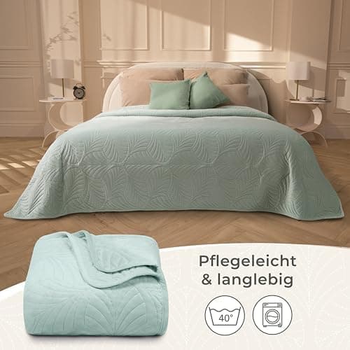 Gräfenstayn Premium Tagesdecke Anthrazit - weich, knitterfrei & pflegeleicht - Nahtlose Steppung & Blatt-Design - Bett &