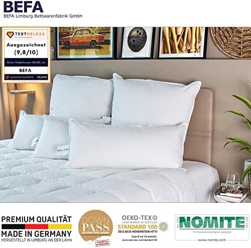 BEFA NATUR Federkissen 40x80 cm extra fest für Allergiker | Kopfkissen Set 100% Federn | 1500g Füllgewicht/Stück | Tierw
