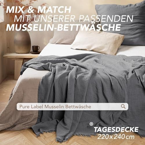 Oeko-Tex zertifizierte Musselin Tagesdecke 220x240cm Hellblau | Couch- & Sofadecke XXL | Baumwolle Qualität