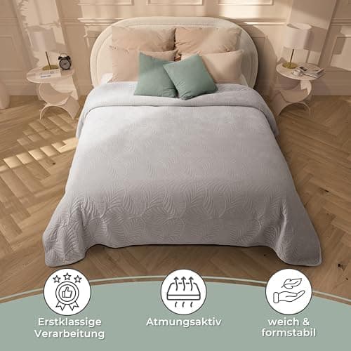 Gräfenstayn Premium Tagesdecke Anthrazit - weich, knitterfrei & pflegeleicht - Nahtlose Steppung & Blatt-Design - Bett &