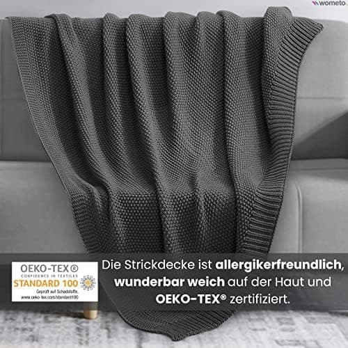 Wometo Kuscheldecke Strick warme weiche Strickmuster grau 140x190 OEKO-TEX