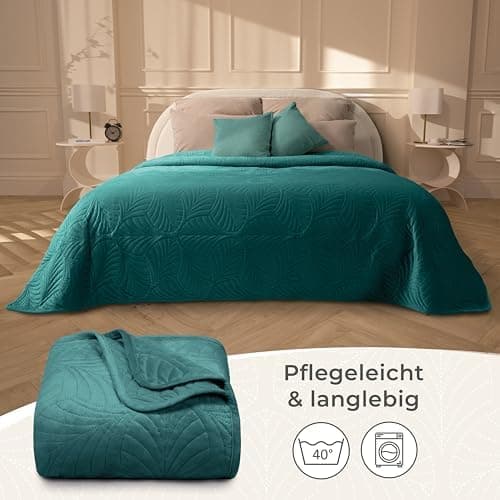 Gräfenstayn Premium Tagesdecke Anthrazit - weich, knitterfrei & pflegeleicht - Nahtlose Steppung & Blatt-Design - Bett &