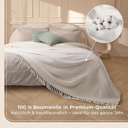 Gräfenstayn Premium Baumwolltagesdecke Creme - 100% Baumwolle - Sommerdecke - Fischgrätenmuster - Bett- und Couch-Überwu