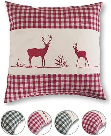 OekoTex Zierkissen 40x40 - Landhaus-Stil Dekokissen mit Reißverschluss, Herzrot karieret, Heller Hintergrund, OEKO-TEX S
