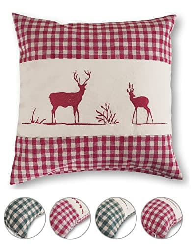 OekoTex Zierkissen 40x40 - Landhaus-Stil Dekokissen mit Reißverschluss, Herzrot karieret, Heller Hintergrund, OEKO-TEX S