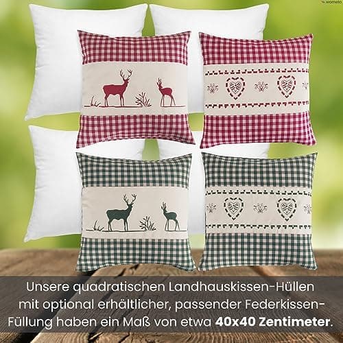 OekoTex Zierkissen 40x40 - Landhaus-Stil Dekokissen mit Reißverschluss, Herzrot karieret, Heller Hintergrund, OEKO-TEX S