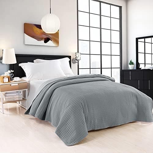 WOLTU Tagesdecke Steppdecke Doppelbett Dunkelgrau-Crème 170x210 cm 360GSM Global Recycled Standard Kariert