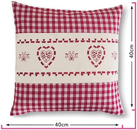 OekoTex Zierkissen 40x40 - Landhaus-Stil Dekokissen mit Reißverschluss, Herzrot karieret, Heller Hintergrund, OEKO-TEX S