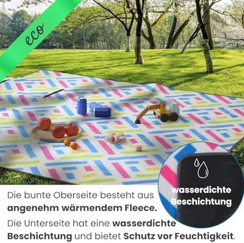 Eco-Line Nachhaltige Wasserdichte Picknickdecke XXL 100% Recycltes Fleece Outdoor-isoliert Streifen Blau HellblauGrün Wa