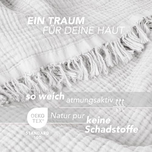 Oeko-Tex zertifizierte Musselin Tagesdecke 220x240cm Hellblau | Couch- & Sofadecke XXL | Baumwolle Qualität